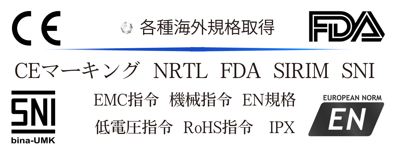 各種海外規格取得｜CEマーキング、NRTL、FDA、SIRIM、SNI、IPX、EMC指令、機械指令、EN規格、低電圧指令、RoHS指令、IPX